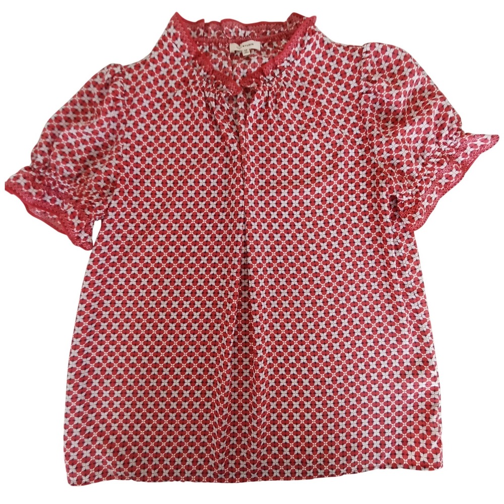 Max Studio Womens Red Geometric Floral Smocked V-Neck Flutter Sleeve Blouse M - Picture 13 of 13